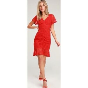 Lulus Harlou Red Lace Ruched Bodycon Dress Mermaid Short Sleeve Size Small.